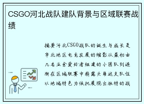 CSGO河北战队建队背景与区域联赛战绩