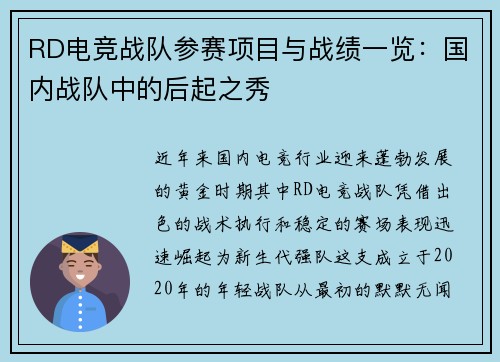 RD电竞战队参赛项目与战绩一览：国内战队中的后起之秀