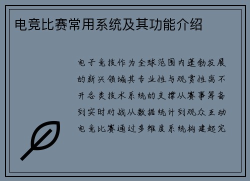 电竞比赛常用系统及其功能介绍